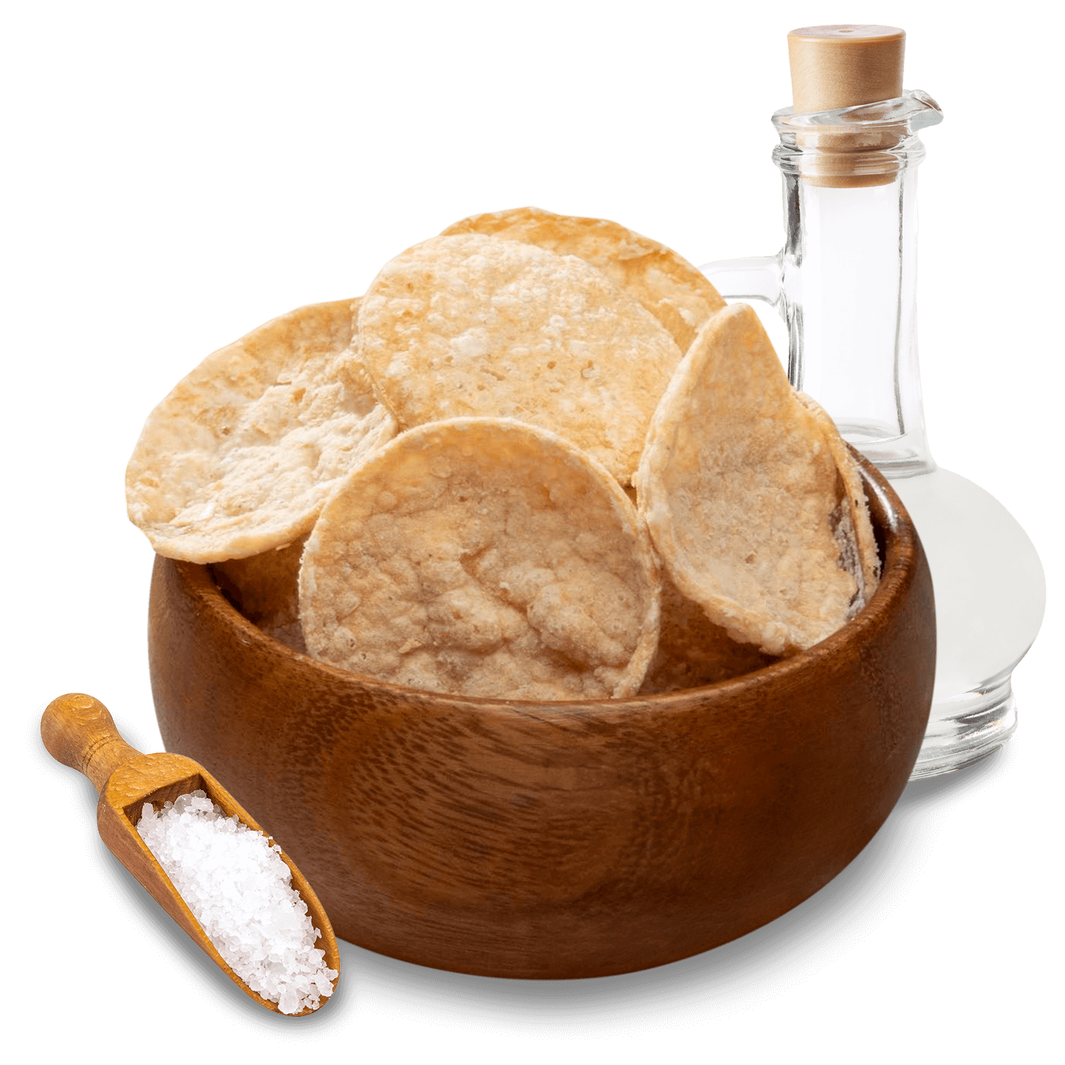 Healthy protein chips in a wooden bowl with a scoop of salt and a bottle of oil, perfect for snacking.
